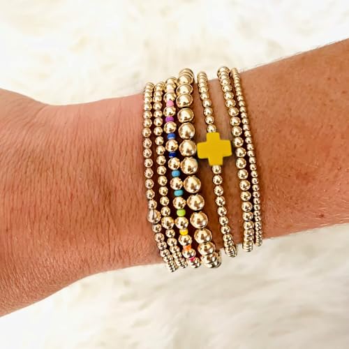 14K Gold Beaded Cross Beaded Bracelet Stack Set for Women,7PCS Bohemian Colorful Beads Ball Stretch Stackable Bracelets Trendy Holiday Birthday Gift - color: Yellow