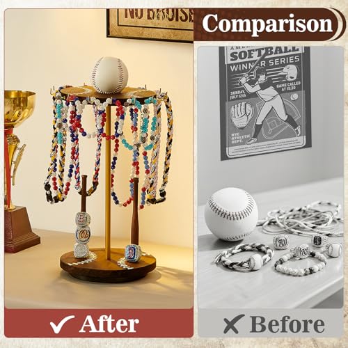 Pinzoveco Baseball Drip Necklace Organizer Holder,Rotating Baseball Display Stand with 14 Hooks, Championship Ring Display Holder, 360° Drip Necklace Championship Ring Holder Baseball Gifts - color: Carbonized Brown