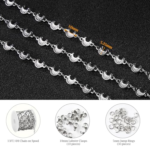 KYUNHOO 4 Meters Silver Chains for Jewelry Making Crescent Moon Shape Stainless Steel Chains Bulk with Jewelry Connectors for Women Men Make Crafts - color: Moon Silver