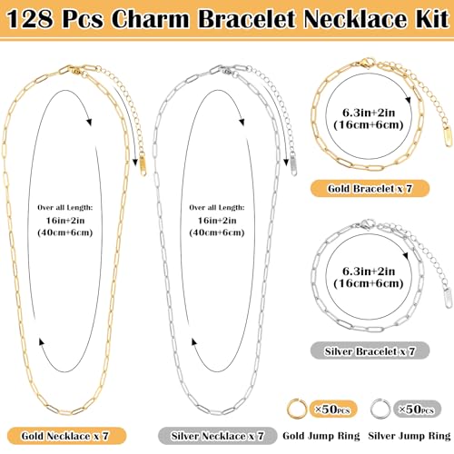 Comkrivy 128 Pcs Charm Bracelet Necklace Kit, 18K Gold & Silver Plated Chains, Adjustable Charm Bracelet Chain Necklace Set for DIY Jewelry Making, Includes 100 Pcs Open Jump Rings