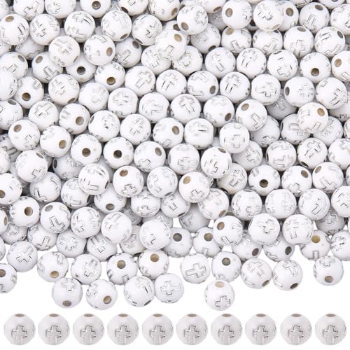 500Pcs Round Cross Beads 8mm Acrylic Bead Silver Easter Crosses Crucifix Pattern White Ball Shaped Loose Spacer for Bracelets Earrings Necklace Pendants Jewelry Making Crafts Holy Accessories - color: White