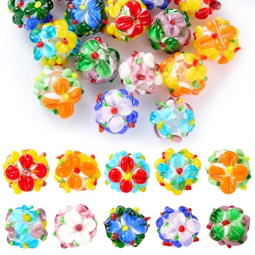Ornaland 20 Pcs Round Flower Lampwork Glass Beads for Jewelry Making Bulk Bumpy Round Flower Handmade Spacer Beads for Jewelry Making Bracelets Earrings Necklaces DIY Crafts