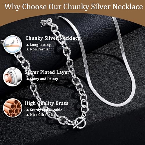 CHESKY 14K Gold Plated Chunky Necklace for Women, Trendy Paperclip Chain Necklace Thick Cross Heart Pendant Necklace Layered Herringbone Cuban Link Chain Toggle Necklaces Non Tarnish Jewelry - color: silver, style: paperclip+herringbone