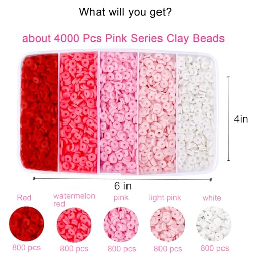 4000pcs Pink Clay Beads Bracelet Making Kit, 6mm Flat Round Polymer Spacer Heishi Beads for Jewelry Making 4000 (Pink) - color: Pink