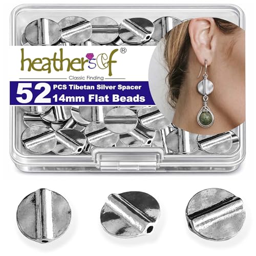 Tibetan Silver Smooth Spacer 52Pcs Flat Beads for Jewelry Making Supplies Adults Small Seed Bead for Necklace Earring Bracelet Making Kit Bulk 14mm - color: Silver smooth flat