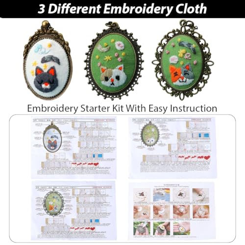 SUNNYCLUE DIY 3 Sets Embroidery Pendant Kit Embroidery Necklace Kits with Instructions Thread Needle Hoops Chains Cute Cat Themed Stitch Kit for Sweater Necklace Crafts Jewelry Making Beginner Starter - style: Cat