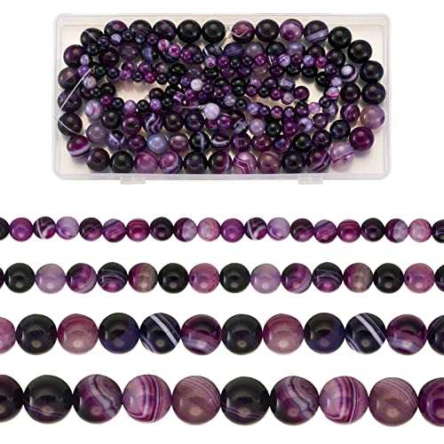 Craftdady 4 Strand Natural Round Stone Beads 6-12mm Purple Striped Banded Agate Loose Beads Energy Healing Gemstone Beads for DIY Bracelets Necklaces Earrings Jewelry Crafts, Total About 177pcs - color: Purple Striped Agate