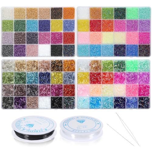 32000 Pcs 2mm Glass Seed Beads Small Craft Beads and 12000 Pcs 7mm Tube Bead Set, Glass Seed Bead Kit for DIY Bracelet Necklaces Crafting Supplies with Elastic Strings Beading Needles 96 Colors