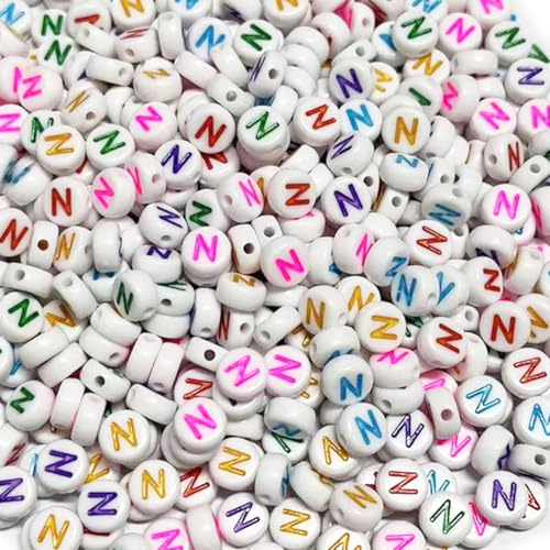 500PCS 4x7mm Acrylic Letter Beads N for Friendship Bracelets Jewelry Making, White Round Flat Acrylic with Colourful Alphabet Beads for DIY Crafts Bracelets Necklaces Key Chains Phone Lanyard - color: N(colourful on white)