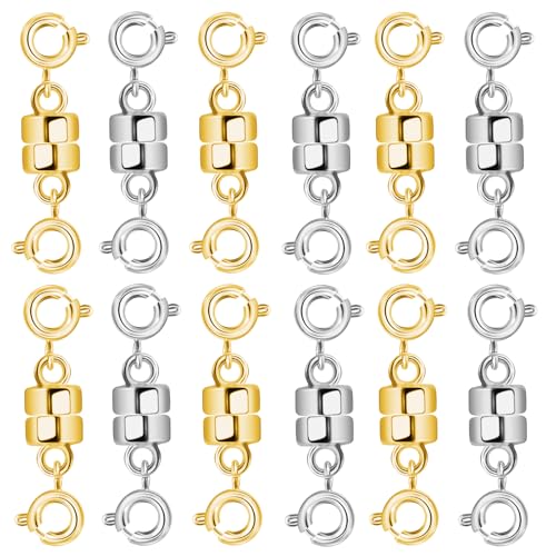 Double Magnetic Necklace Clasp, 12PCS Strong Magnetic Clasps for Necklaces, Gold and Silver Magnetic Necklace Clasps and Closures, Magnetic Jewelry Clasps for Necklaces Bracelet Anklet Jewelry Making