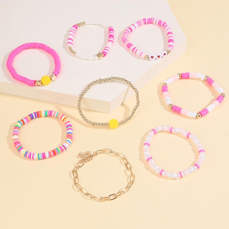 COLORFUL BLING 5-12Pcs Bohemian Love Heart Bead Bracelets for Women Vinyl Disc Heishi Surfer Stackable Stretch Bracelet Summer Beach Boho Jewelry - color: 8pcs pink face