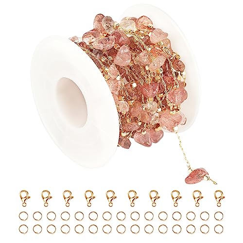 KYUNHOO 16.4ft Handmade Natural Raw Healing Crystal Natural Gemstone Brass Chain for Jewelry Making DIY Crafts Gold Chain Roll with Jump Rings and Lobster Clasps - color: Natural Stone-Strawberry