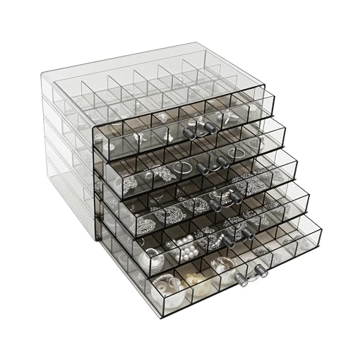 Clear Grey Acrylic Jewelry Storage Box, Earring Jewelry Organizer with 5 Drawers, 5-Layer Jewelry Box for Women, Earring Display Holder for Earrings Ring Bracelet Necklace, 120 Grid Storage Box - color: Grey, size: 5Layers-120Grids