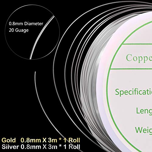 2 Pack Jewelry Craft Wire - 20 Gauge Tarnish Resistant Copper Beading Wire for Jewelry Making, 0.8mm X 3m Each (Gold, Silver) - color: Gold,Silver