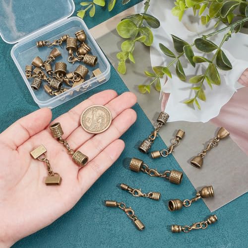 PH PandaHall 10 Styles Tibetan End Caps, 20 Sets Leather Cord End Caps Alloy Tube Barrel End Tip with Lobster Clasp Rope End Caps with Ring Connector for Necklaces Bracelet Jewelry Making