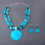 Layered Beads Statement Fashion Necklace Chunky Jewelry Set Big Colorful Glass Stone Circle Shell Pendant Choker Necklace and Earring Set for Women - color: teal green