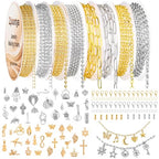 Zplontya 8 Rolls Necklace Chains for Jewelry Making 330PCS Include 26FT Gold & Silver Chains, Jump Rings, Clasps, Charms Pendants, Chains Connectors for DIY Permanent Bracelet & Jewelry Making