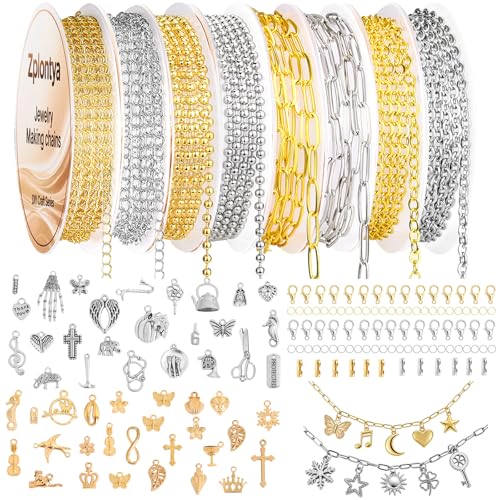 Zplontya 8 Rolls Necklace Chains for Jewelry Making 330PCS Include 26FT Gold & Silver Chains, Jump Rings, Clasps, Charms Pendants, Chains Connectors for DIY Permanent Bracelet & Jewelry Making