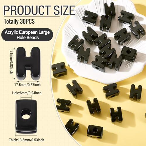 30Pcs Large Hole Letter Beads Black Acrylic European Beads 3D Letters H Chunky Bead Initial Alphabet Bead for Key Chains Bracelets Necklace DIY Craft Bag Charm Kit Arts Projects - color: Black-H