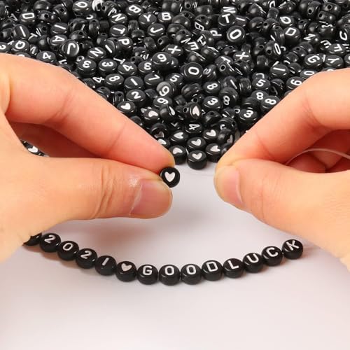 1000pcs Black Mixed Round Acrylic Beads 4x7mm White Alphabet Number Heart Shape Bead for Jewelry Making and DIY Bracelets - color: Black/White Letter&Number&Heart, size: 4x7mm