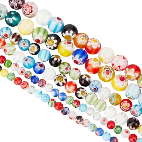 OLYCRAFT about 212~218 Pcs Handmade Flower Millefiori Lampwork Glass Beads 4mm 6mm 8mmm Round Glass Flower Beads 1mm Hole Loose Mixed Color Mosaic Beads for Jewelry Bracelet Necklace Making DIY Craft - color: Round Millefiori Beads - 3 Size