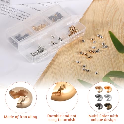 300 Pcs Crimp Beads for Jewelry Making, 4mm Multi-Color Alloy Crimp Bead Knot Covers, Semicircular Bead Crimps Tubes for DIY Bracelet Necklace Jewelry Supplies
