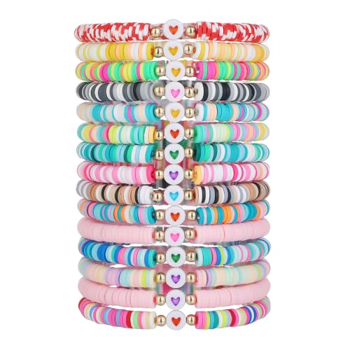 Friendship Bracelets Boho Stackable Bracelets for Women Surfer Heishi Clay Bead Bracelets Stretch Preppy Bracelets Colorful Boho Bracelets for Women - color: 15pcs heart