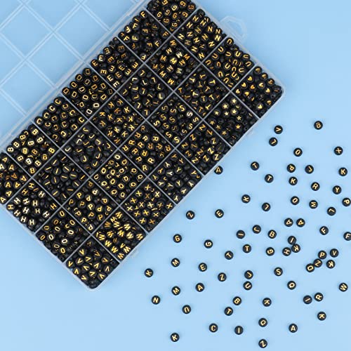 1400pcs Round Acrylic A-Z Alphabet Beads - Gold & Black Letter Beads for Bracelet Making, 28 Grid Box - color: Black, Gold