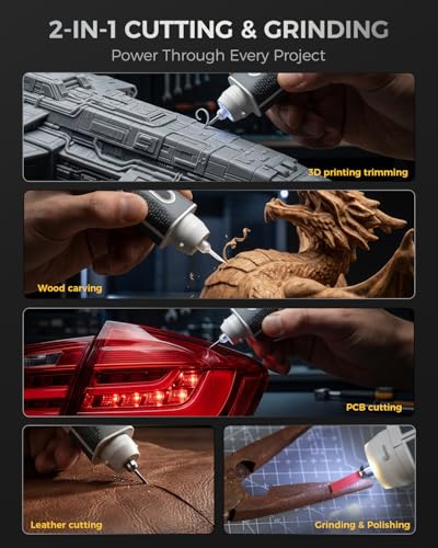 VMAN 2-in-1 Wireless Ultrasonic Cutter, Cutting Grinding AI Auto Cooling 40kHz Vibration 35W Auto Power Adjustment, 3 Mode Cordless Knife 50Pcs Blades – For 3D Printing, Woodworking, Model Mods & DIY