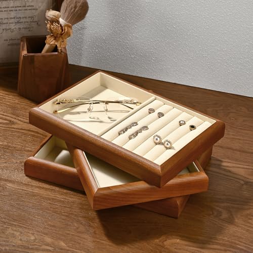 2 In 1 Solid Wood Jewelry Tray Microfiber Ring Earring Bracelet Bangle Watch Necklace Stackable Drawer Organizer for Storage Display (Cream White) - style: 2 Grid