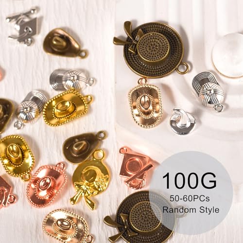 stino Metal Charms for Jewelry Making 100gram, Bulk Tibetan Silver & Gold Plated Trinkets for Earring Necklace Jewelry Making and Findings - color: Hat Silver & Gold