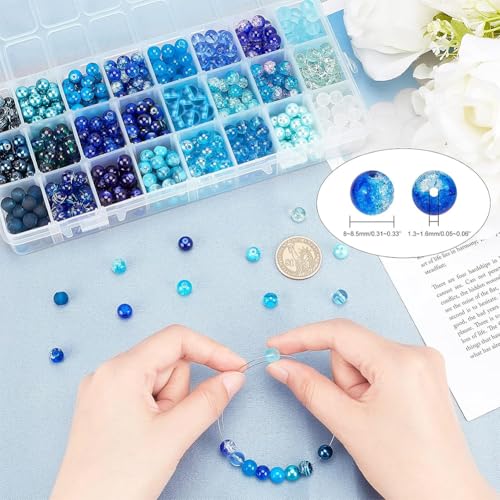 PH PandaHall 720pcs 8mm Blue Beads for Jewelry Making Glass Beads 24 Color Bracelet Bead Round Craft Loose Bead for Bracelets Necklaces Earring Summer Hawaii Boho Heshi Surfer Wave Jewelry Making - color: Blue