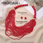 Bocar Necklace for Women, Multi Layer Statement Necklace, Long Chain Chunky Bib Seed Beads Necklace, Necklace Earring Set for Women Gift (NK-10693) - color: Red-set