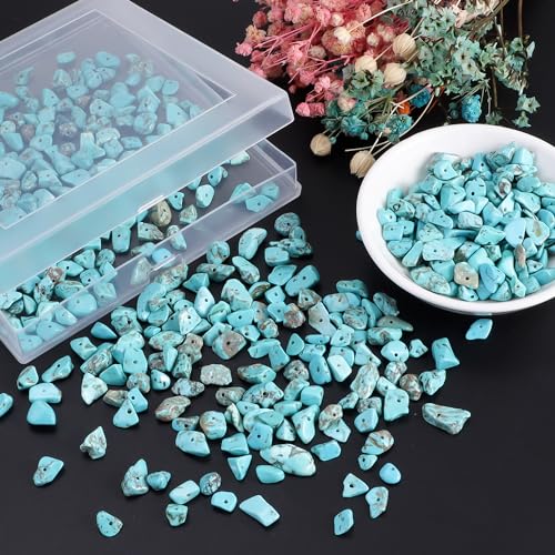 400pcs Natural Chip Stone Beads Blue Turquoise 5-8mm Irregular Gemstones Healing Crystal Drilled DIY Loose Rocks Bead Crystal for Bracelet Necklace Jewelry Making Crafting - color: Blue Turquoise
