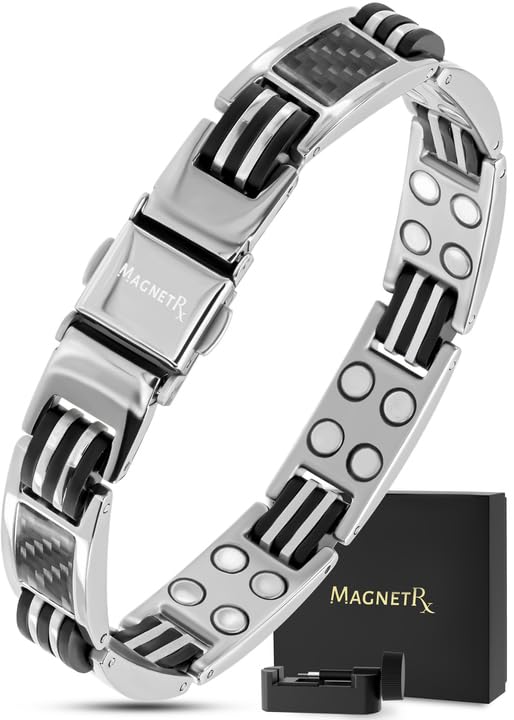 MagnetRX® Magnetic Bracelets for Men – Effective Mens Magnetic Bracelet with Carbon Fiber Inlay – Adjustable Length with Included Sizing Tool (Silver) - color: Silver Carbon Fiber (2X Strength)