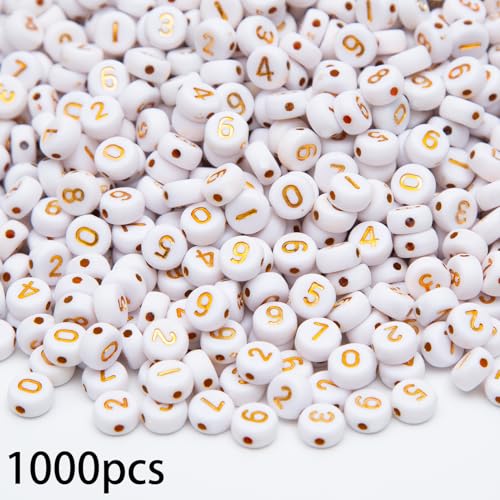 1000Pcs Acrylic Number Beads Round Number Round Beads 4x7mm Mixed Number Beads, for Jewelry Bracelets Necklaces Key Chains Making (White-Gold) - color: White-Gold