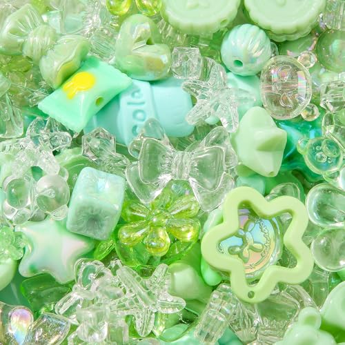 500g Acrylic Assorted Beads Flower Star Butterfly Candy Acrylic Kawaii Beads for Keychain Bracelets Jewelry Making DIY Plastic Crafts (Green) - color: green