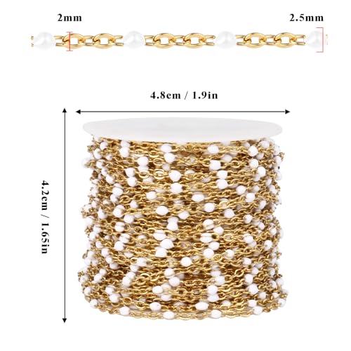 33 Feet Gold Enamel Chains Bulk, 2mm 18K Gold PVD Plated 304 Stainless Steel White Enamel Beaded Cable Link Chain Roll Spool for Jewelry Making - color: Gold White Beads
