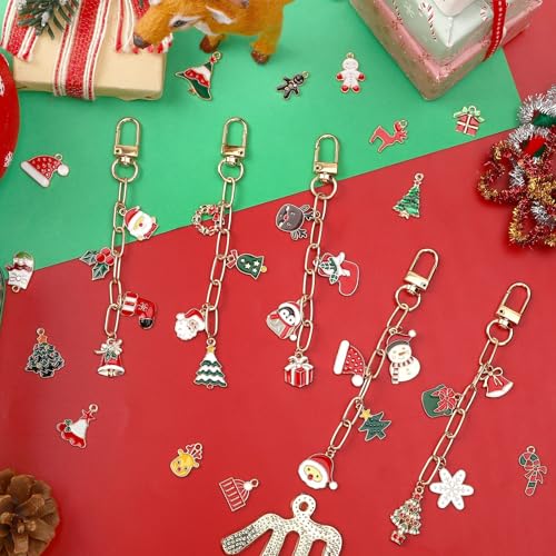 AUGSUN 189Pcs Christmas Keychain Making Kit, Charm Making Crafts Including 60 Christmas Charms 12 Keychain Clips Hooks 15 Extender Chains 100 Jump Ring and Jewelry Plier for Holiday Gifts - style: Christmas