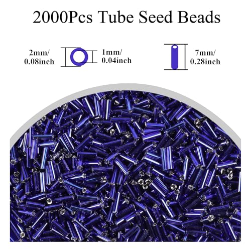 2000Pcs Tube Seed Beads 2x7mm Mini Long Glass Bugle Bead Small Craft Loose Spacer Beads for DIY Phone Charms Waist Bead Bracelets Earrings Necklaces (Royal Blue) - color: Royal blue