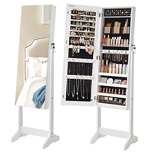 SONGMICS Jewelry Cabinet Armoire, Freestanding Lockable Storage Organizer Unit with 2 Plastic Cosmetic Storage, Full-Length Frameless Mirror, for Necklace Earring, White UJJC002W01 - color: White, style: Modern