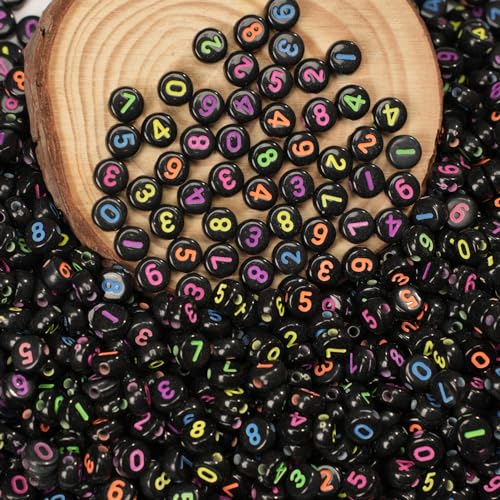 800pcs Number Beads Colorful Black Round Number Letter Beads 0-9 Mixed 4x7mm Plastic Shape Loose Beads for Jewelry Making Bracelets.