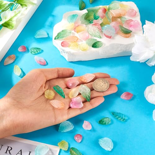 Glass Leaf Beads Crystal Glass Leaf Charms Transparent Leaves Pendants Tiny Green Leaf Bead Caps for Christmas Earring Bracelet Jewelry Making DIY Keychain Craft - color: Colorful-Spring