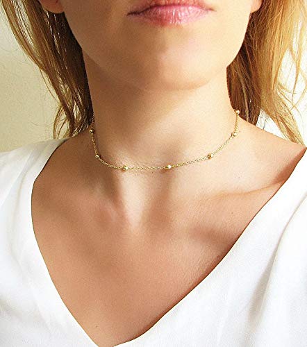 MEVECCO Dainty Gold Chain Choker Necklace 14K Gold Plated Handmade Boho Cute Tiny Beaded Link Choker Necklace Delicate Simple Minimalist Choker Necklace for Women - style: Beaded GD