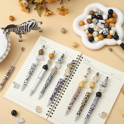 Colarr 24 Sets Plastic Beadable Pens DIY Pens Making Kit Assorted Wood Beads Crystal Spacer Black Ink Ballpoint for Women Crafts Office Family Gifts(Jungle Animals) - style: Jungle Animals