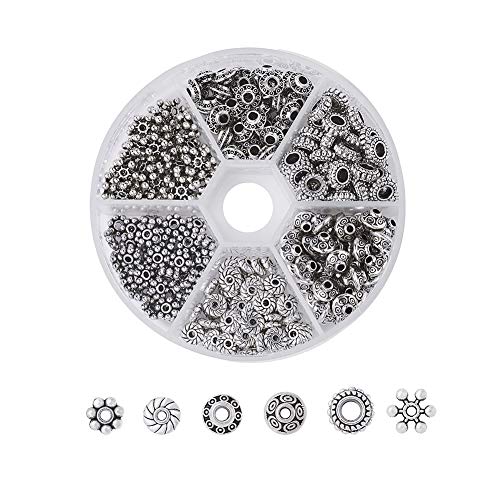 Beadthoven 300pcs/Box Tibetan Style Spacers Beads 6 Style Assorted Antique Silver Vintage Alloy Beads for Jewelry Making Handmade Bracelets Accessories Crafts Decoration - color: Antique Silver-Rondelle Bicone-6 Style