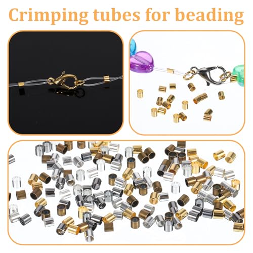 2500 Pcs 2x2mm Crimp Tube Bead Crimp Beads for Jewelry Making 5 Colors Plated Brass Column Stoppers Crimping Beads Tube for DIY Bracelet Earrings Necklace Accessories