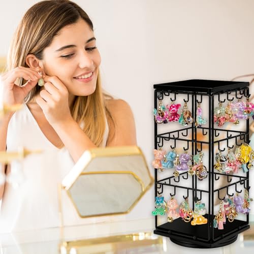 Yuehuam 360 Rotating Earring Display Stand, 48 Hooks Jewelry Rack with Wooden Base for Earring Card Selling, Earring Holder Organizer for Vendors