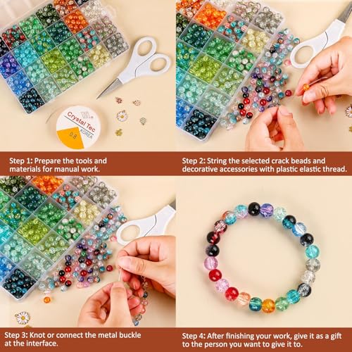XSEINO 2400 Pieces 8mm Crack Glass Beads for Jewelry Making,48 Dazzling Colors Round Glass Beads for Making and DIY Crafts - color: 4Box Crackle Glass Beads