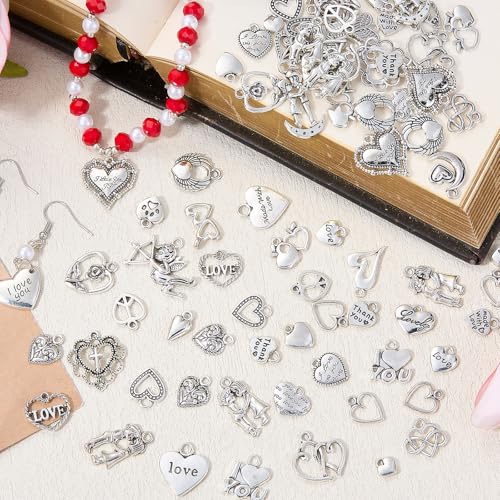 Charms for Jewelry Making Bulk Antique Silver Tibetan Alloy Pendants Love Word for Earring Bracelet Necklace - style: Heart